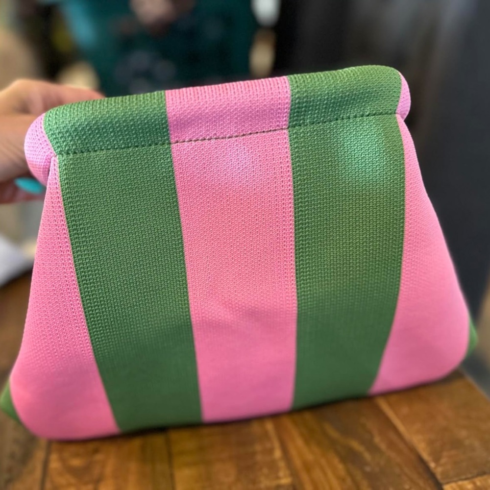 NEW Striped Woven Dumpling Clutch Bag  Light Pink & Green - Picture 5 of 5